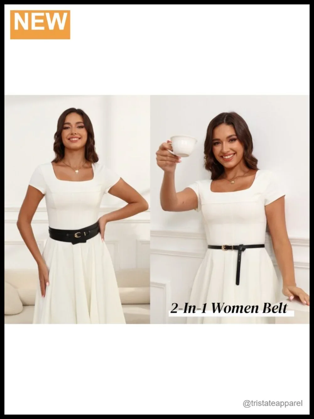 2-in-1 Wide PU Leather Belt for Women with Detachable Skinny Belt, Gold Buckle